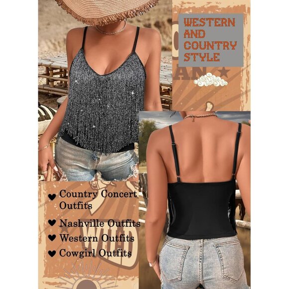 Women's Silver Black Fringe Tank Top Western Festival Clothing V Neck Outfits - Picture 3 of 6